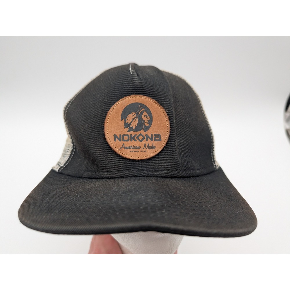 Nokona American Made Trucker Hat Black Cream Leather Patch Snapback Cap